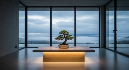 Obraz premium Zen Bonsai Tree in Modern Interior with Mountain View