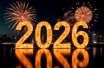the numbers 2026 on the background of fireworks at night in the city. New Year's Eve celebration. greeting card	