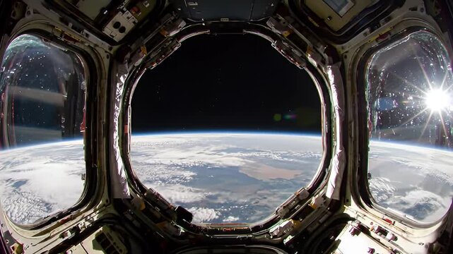 Earth's horizon, sun, and stars seen from space through a spacecraft window
