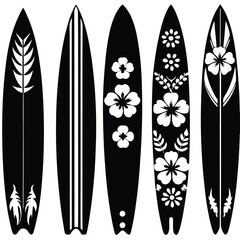 Five black surfboards with white floral and stripe designs.