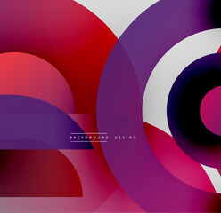 Abstract circles overlap, creating vibrant gradients. Red, purple, white hues dominate design. Modern, dynamic composition.