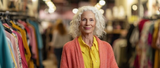 The smiling mature woman shopping in a colorful boutique surrounded by clothing racks
