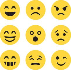 Yellow emoji and emoticon faces set vector graphic Icons on white background
