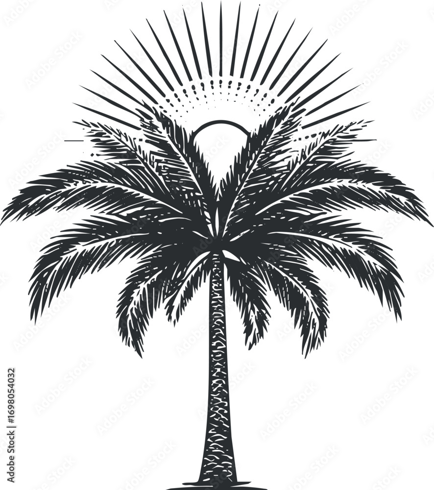 Poster a stylized silhouette of a palm tree with sun rays emanating from behind it. black on transparent ba
