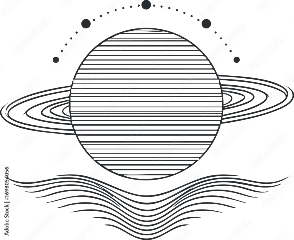 Poster abstract illustration of a planet with rings and waves, representing cosmic elements in space. black