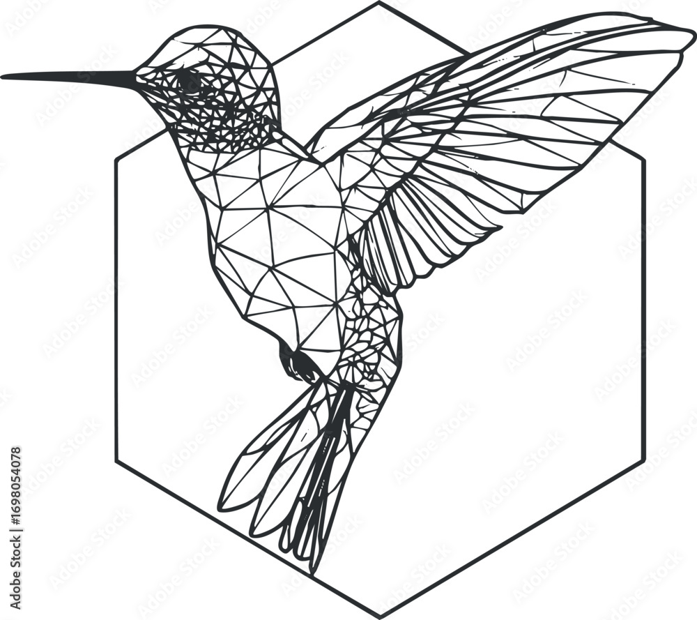 Poster stylized geometric illustration of a hummingbird in a hexagonal frame showcasing intricate line art.