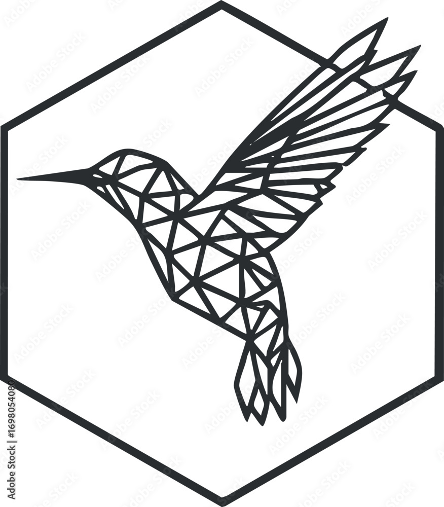 Aufkleber stylized geometric hummingbird illustration in a hexagonal frame with dynamic lines and shapes. blac