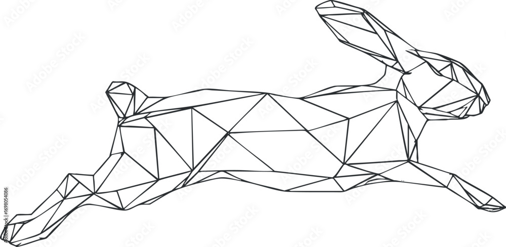 Poster a geometric polygonal design of a jumping rabbit in a minimalist style. black on transparent backgro
