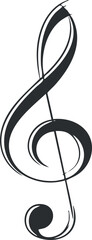 A stylized black treble clef symbol representing music and musical notation in art. Black on transparent background.