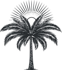 A stylized silhouette of a palm tree with sun rays emanating from behind it. Black on transparent background.