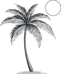 Obraz premium A minimalist illustration of a palm tree with a sun in the background. Black on transparent background.