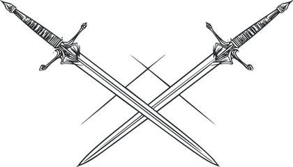 Fototapeta premium Crossed swords illustration representing battle and valor in a medieval or fantasy context. Black on transparent background.