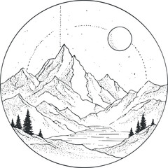 A detailed black and white illustration of mountains, lake, and trees in a circular design. Black on transparent background.