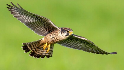 Obraz premium Falco columbarius (esmerejón) en pleno vuelo, alas extendidas, mostrando el detalle del plumaje y su silueta aerodinámica. Fondo completamente verde chroma key uniforme, sin sombras
