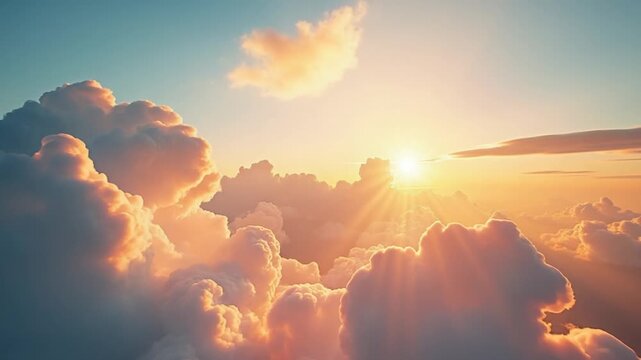 Timelapse fluffy Cumulus clouds moving in bright sunset. Abstract aerial nature summer ocean sunset, sea and sky view. Vacation, travel, holiday concept. Weather and Climate Change