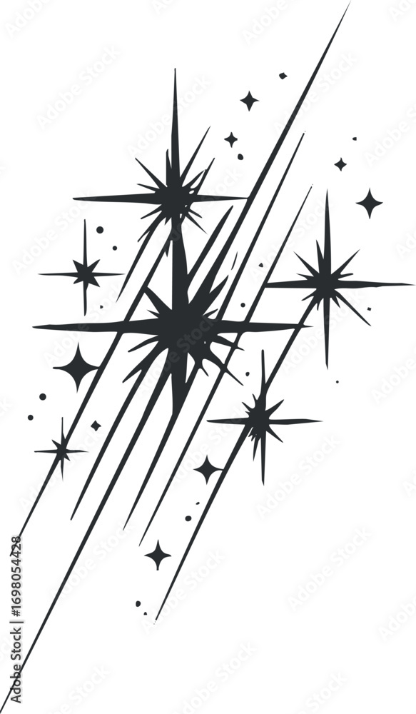 Poster An abstract illustration of stars and sparkles in a dynamic arrangement for decorative use. Black on transparent background.
