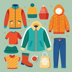 A collection of colorful winter clothing and accessories, including jackets, hats, and boots, in a flat vector illustration style.