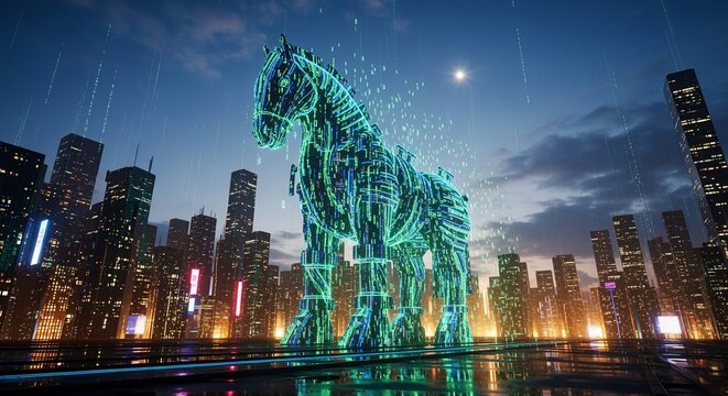 Digital Trojan Horse in Cyber Cityscape at Night