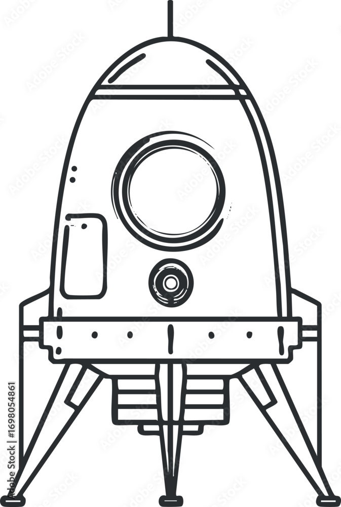 Poster a simple line drawing of a rocket showcasing its design and features for space exploration. black on