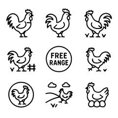 Simple Black Line Art of Roosters and Hens in Free Range Setting.