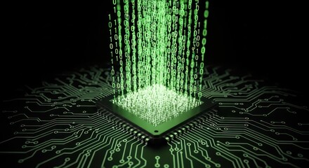 Digital cascade feeding the processor core, binary rain powering the computational heart