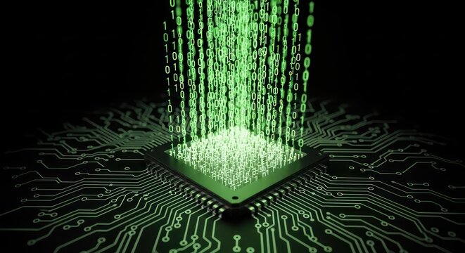 Digital cascade feeding the processor core, binary rain powering the computational heart - Powered by Adobe