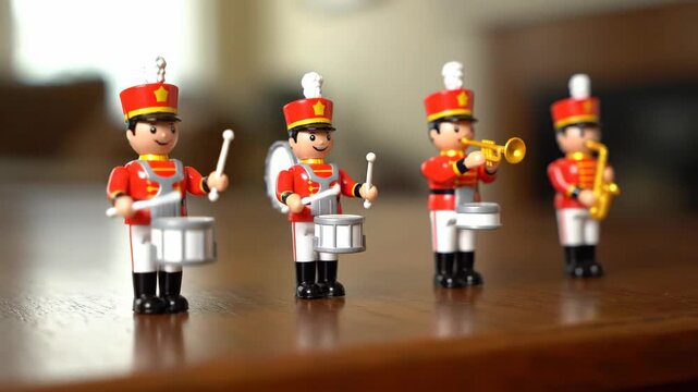 Toy Marching Band on Display Performs Music With Drums, Trumpet, and Saxophone At Home During Daytime
