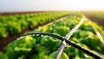 Close up of irrigation system with water droplets over a field of green leafy vegetable crops