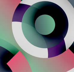 Fototapeta premium Abstract composition featuring overlapping circles. Colors include teal, purple, black, white, pink. Minimalist design, modern aesthetic.