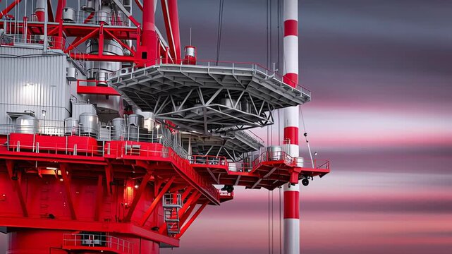 Offshore oil platform helideck jutting above metallic structure, silhouetted against fiery sunset sky with glowing clouds highlighting industrial maritime energy production scene