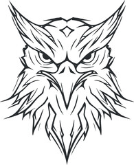 Obraz premium Stylized black and white illustration of an owl's head featuring intricate line art design. Black on transparent background.