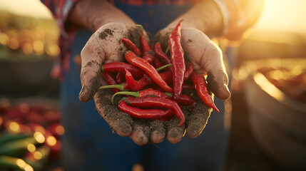 Farmer shows chili harvest.