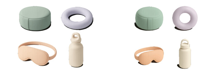 Collection of wellness and self-care items including meditation cushion, yoga ring, sleep mask, and water bottle