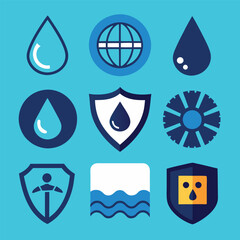 A collection of nine blue and white icons representing water conservation, protection, and related environmental themes.