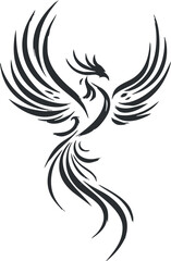Fototapeta premium A stylized black phoenix rising with elegant wings, symbolizing rebirth and freedom. Black on transparent background.
