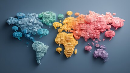 Vibrant World Map with Interconnected Buildings Ideal for Global Communication Campaigns, Boosting Collaboration and Understanding.