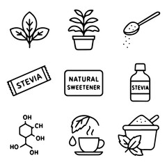 Stevia Plant Leaves Sweetener Icons Natural ZeroCalorie Sweetener Illustrations.