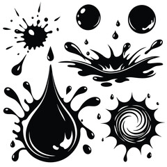 Black ink droplets and splashes, vector illustration, isolated on white background.