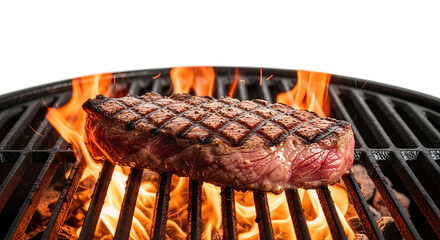Juicy beef steak sizzling over intense flames on a hot barbecue grill grate