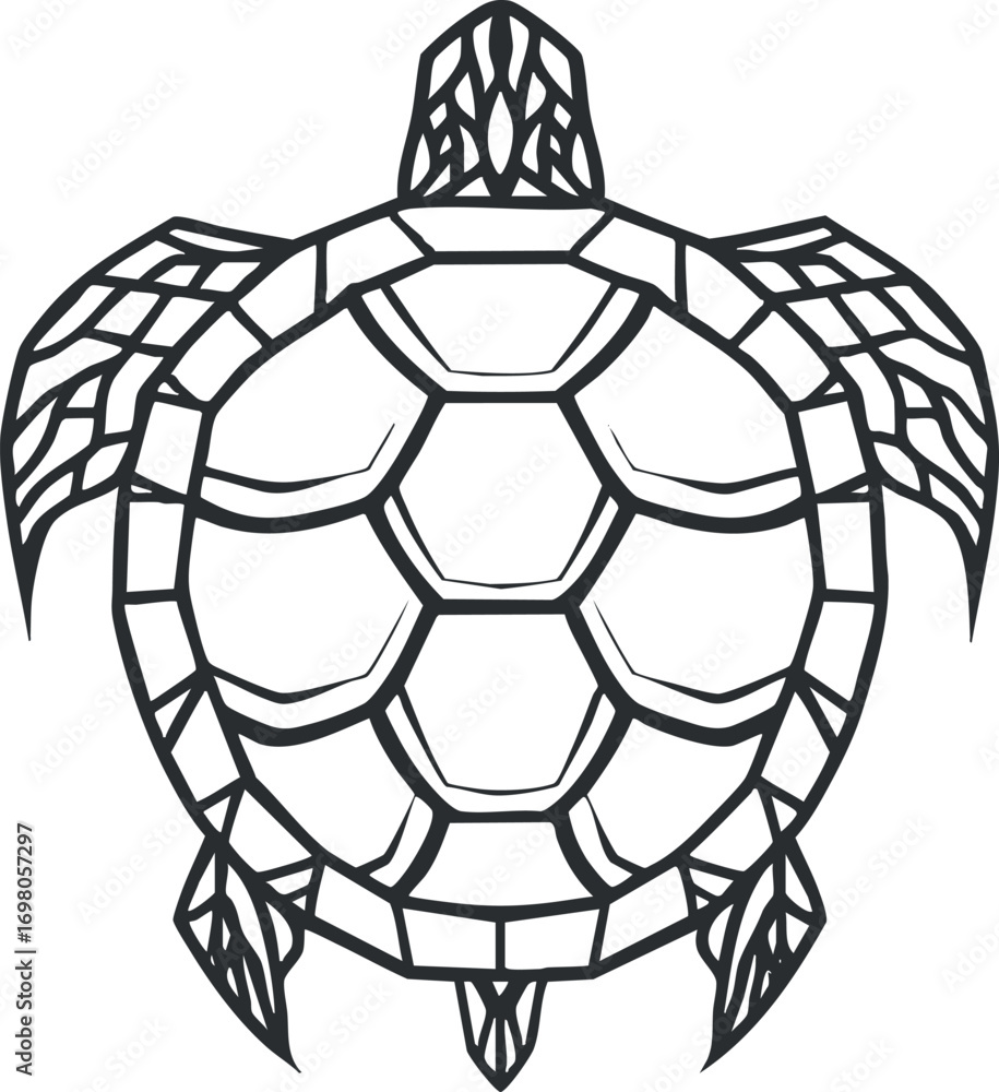 Poster a detailed black and white illustration of a turtle featuring intricate shell patterns. black on tra