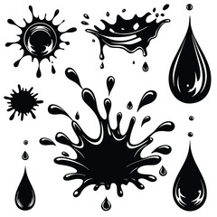 Collection of black ink or paint splashes and drops, various shapes and sizes.