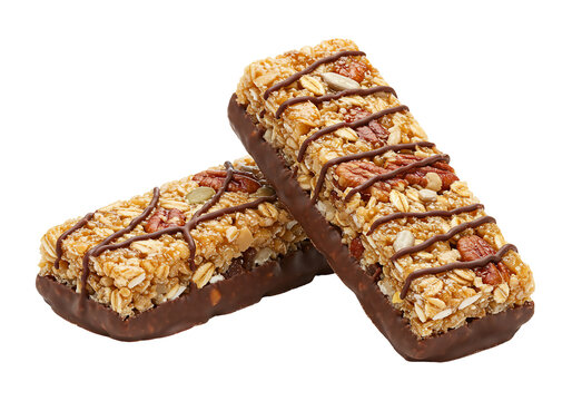 Chocolate covered granola bars nuts seeds oatmeal healthy snack food photography transparent background - Powered by Adobe