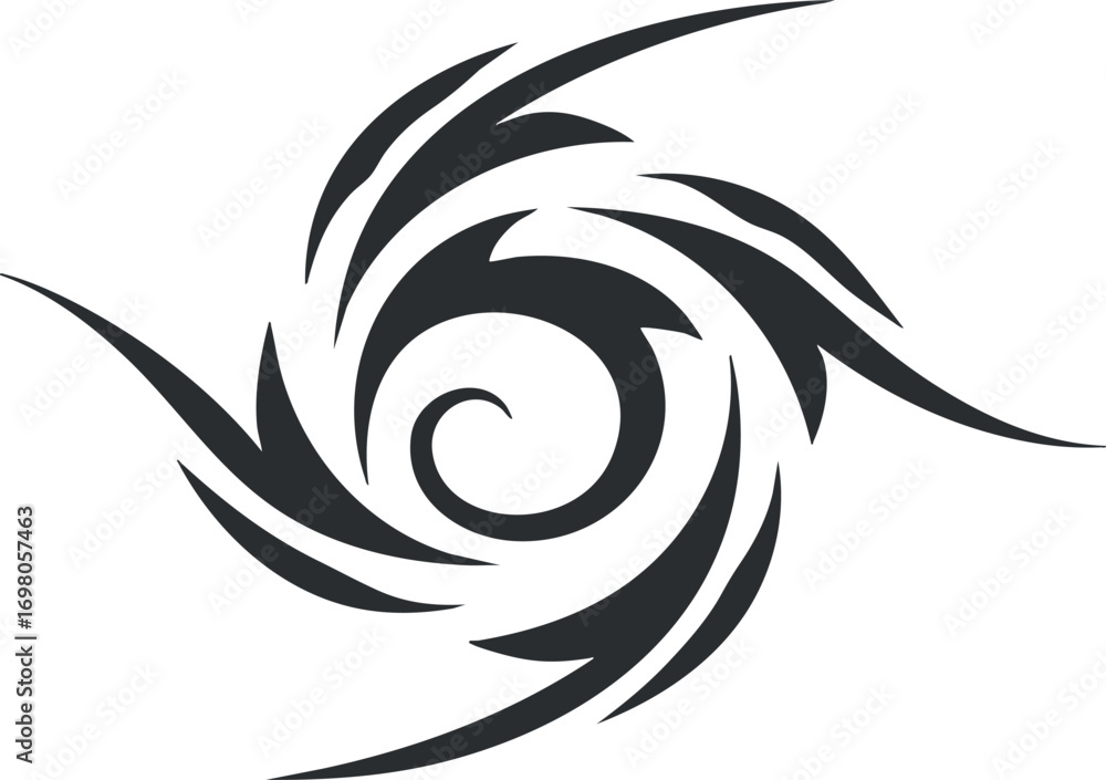 Poster an abstract spiral design featuring dynamic curves and flowing patterns in black and white. black on