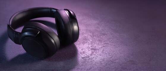 The Headphones Resting on a Textured Surface with Purple Ambient Studio Lighting