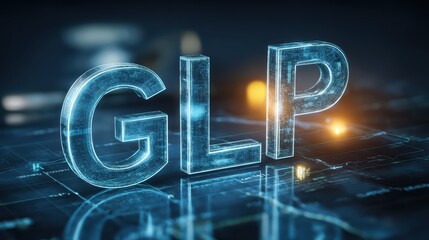 Detailed Closeup of U GLP Good Laboratory Practice Acronym Sign, Medical Company Logo on Clean White Background Perfect for Branding, Promotions, and Educational Materials, Exuding.