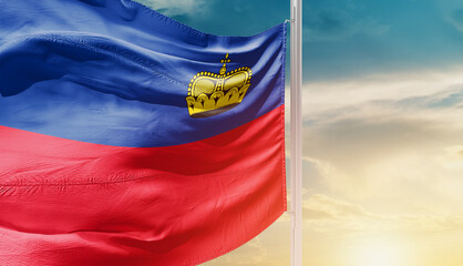 Liechtenstein national flag waving in an amazing sunlight. National flag waving on mast.