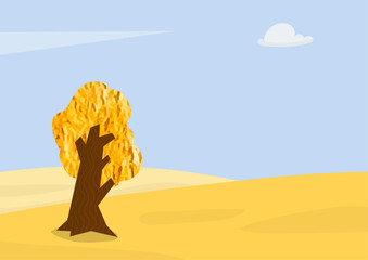 autumn landscape with yellow tree , blue sky  hills, cloud, 