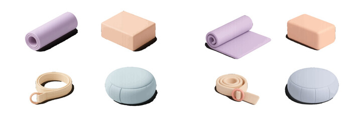 Pastel colored yoga and meditation equipment set including mats blocks straps and cushions for health and wellness activities