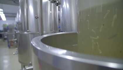 Industrial stainless steel vats with a light-yellow liquid, close-up view of fermentation process.
