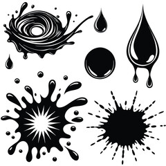 Collection of black and white liquid splash illustrations.